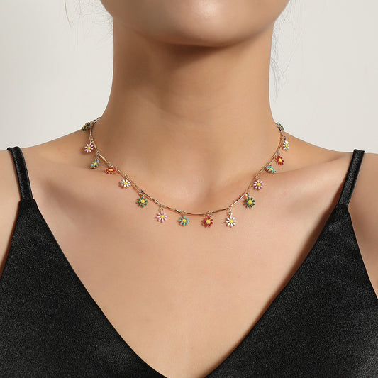 Fashion temperament colorful gemstone daisy collarbone chain necklace personality tassel all-match necklace