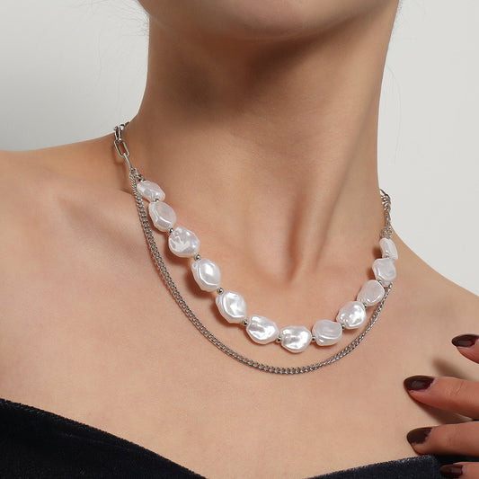Jewelry Ladies Irregular Flat Pearl Necklace Creative Punk Personalized Chain Necklace