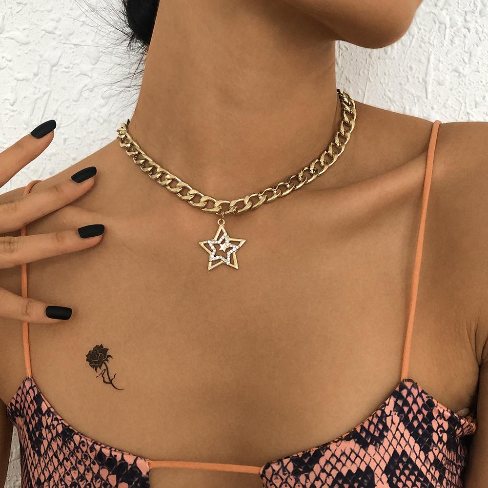 N8983 Personality Thick Chain Necklace Hip Hop Punk Pentagram Necklace Diamond Exaggerated Fashion Necklace
