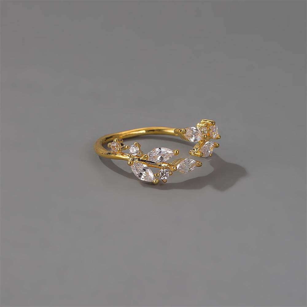Jewelry temperament all-match zircon leaf ring Mori simple opening crystal leaf ring female