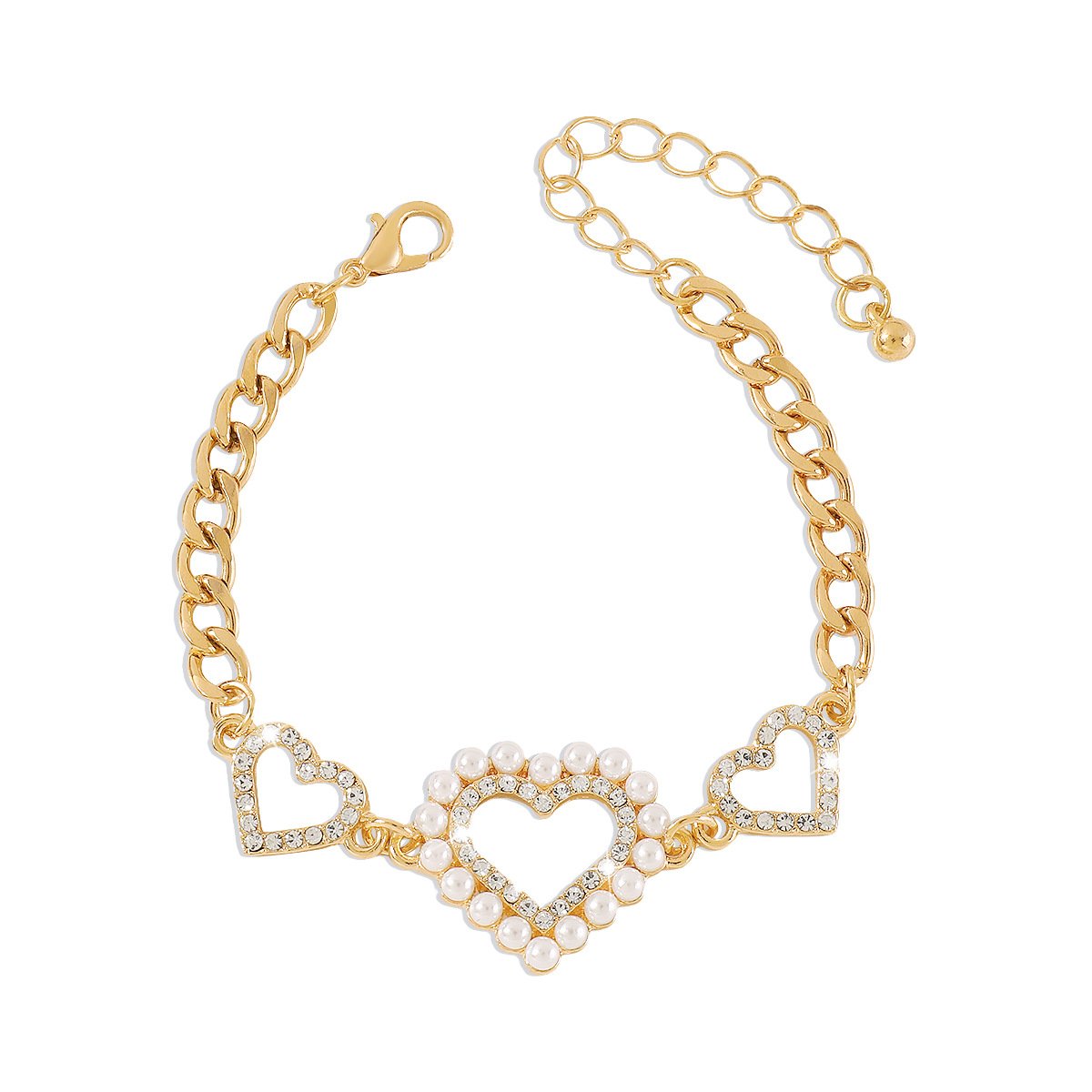 B1952 personality niche geometric bracelet hollow heart imitation pearl rhinestone temperament simple chain bracelet