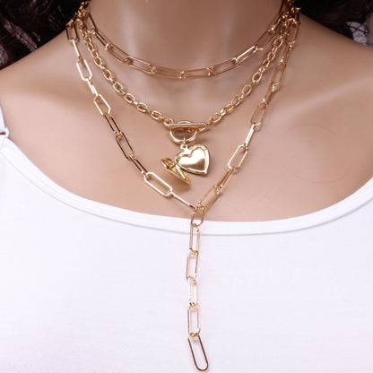 Jewelry Retro Peach Heart Opening OT Buckle Necklace Geometric Creative Y-shaped Tassel Chain Necklace Female