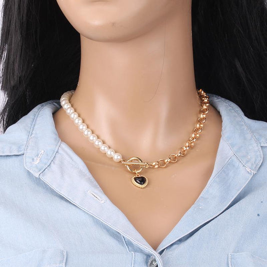 Ins super fire black agate peach heart clavicle chain imitation pearl necklace female trendy net red clavicle chain heart-shaped necklace