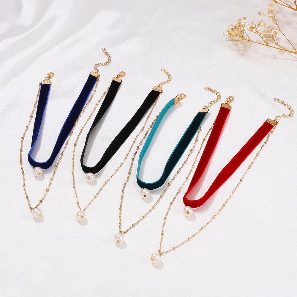 Net red simple double-layer collar retro velvet pearl choker necklace pendant clavicle chain