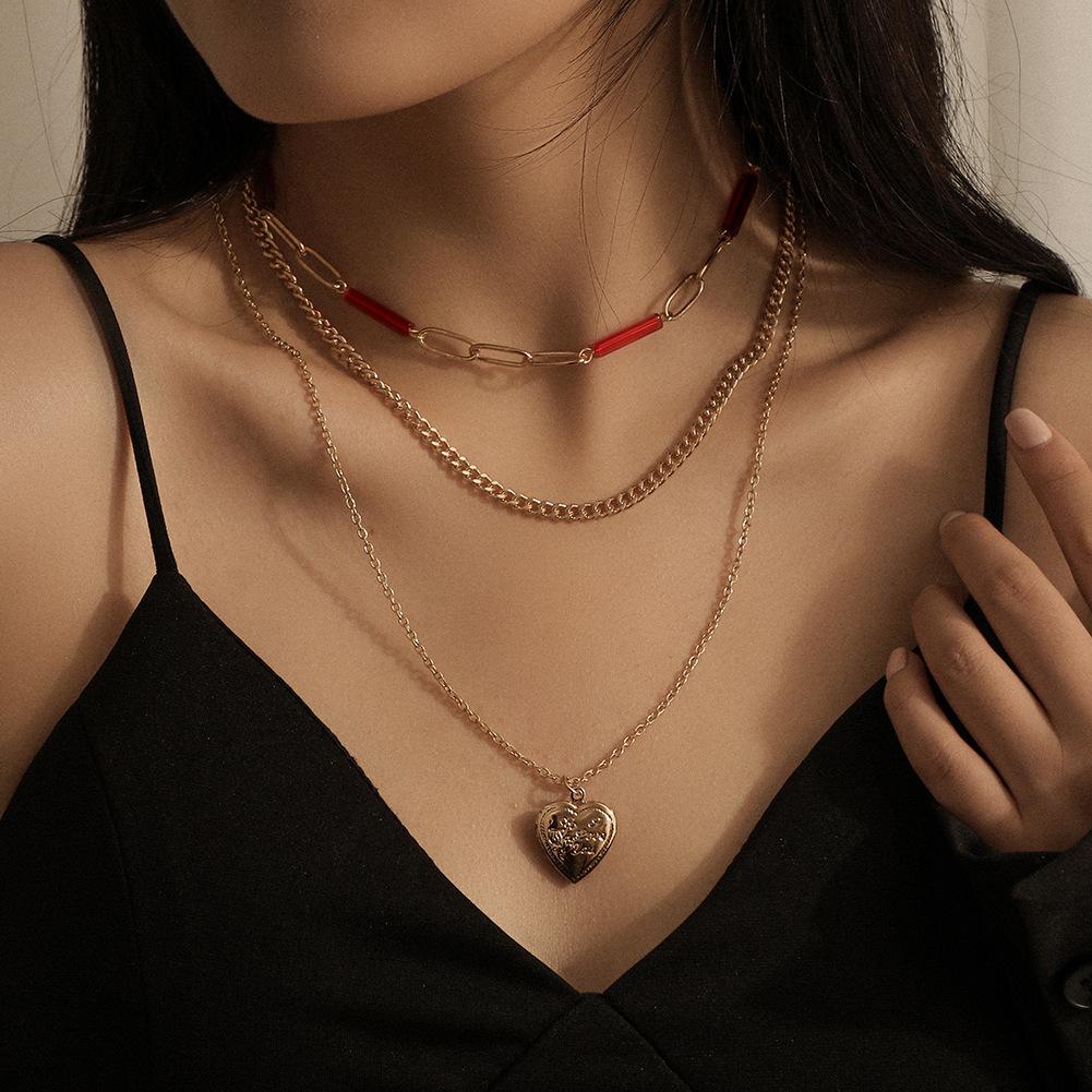 Retro three-layer stacked personalized crystal tube chain peach heart necklace creative openable love photo box pendant