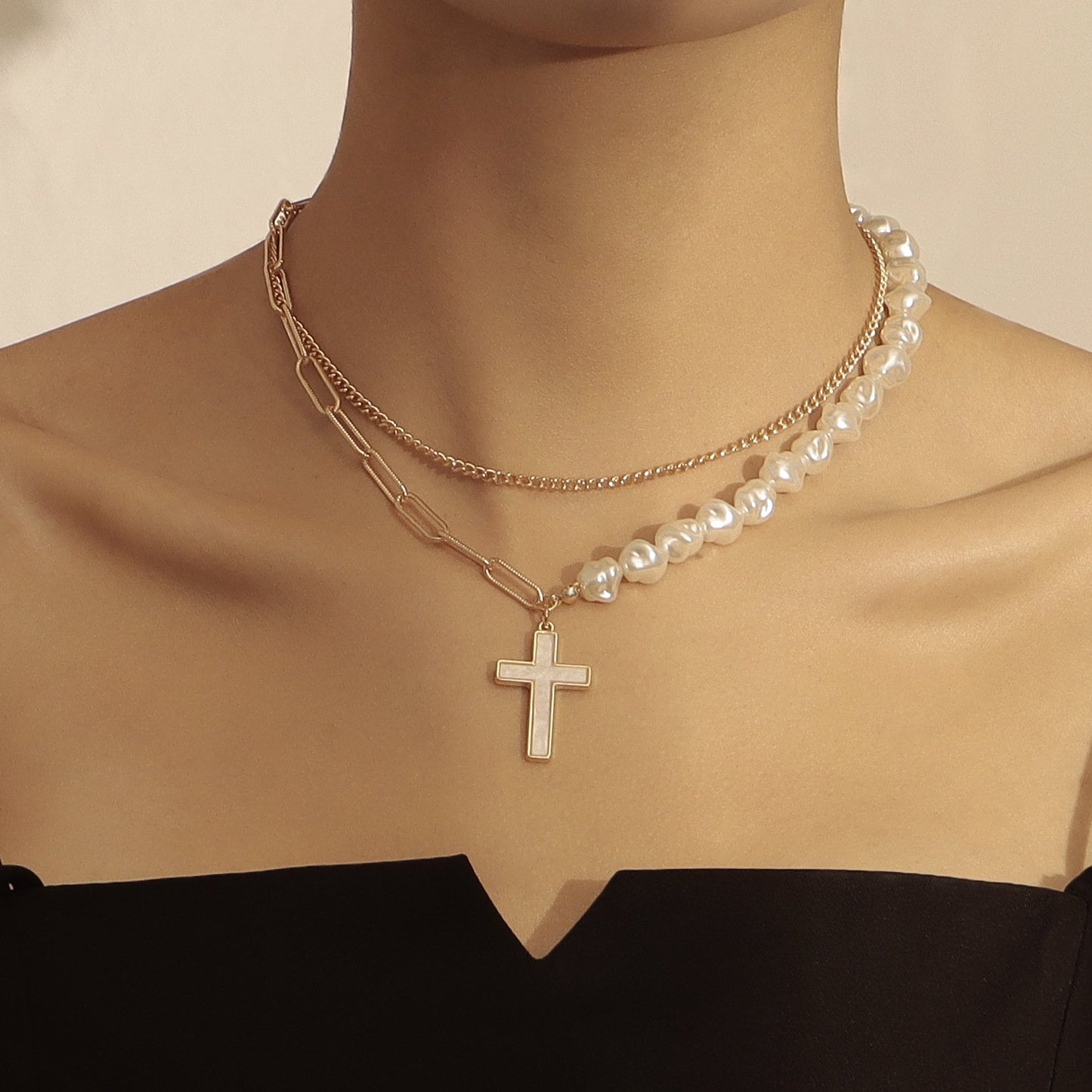 Jewelry fashion trendy double-layer splicing chain imitation pearl cross white mother-of-pearl pendant necklace female
