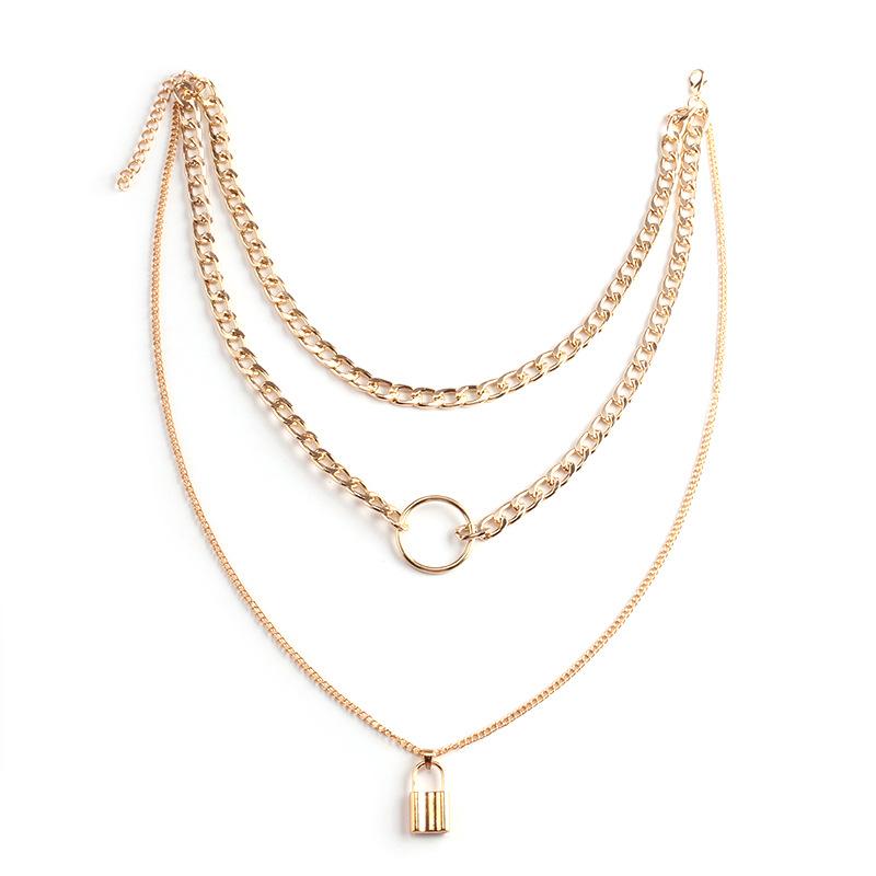 Big-name street shooting popular fashion metal lock pendant multi-layer women's necklace Amazon ring jewelry female