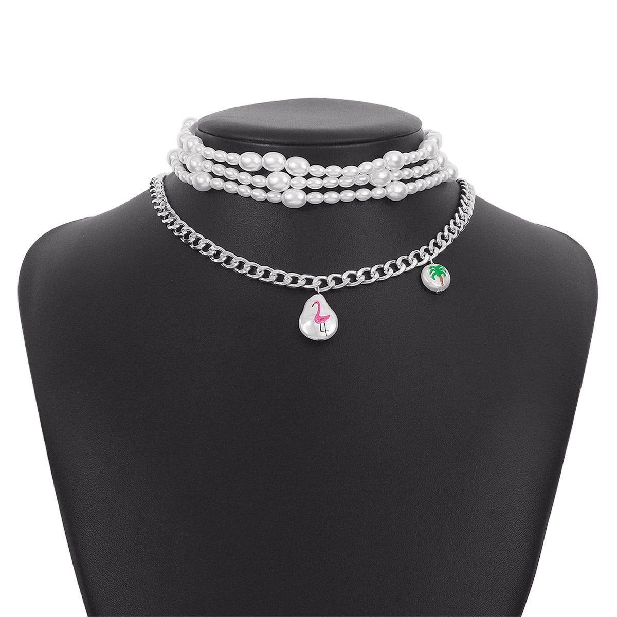 N1516 Exaggerated Pearl Print Necklace Coconut Tree Flamingo Holiday Casual Chain Stacking Necklace