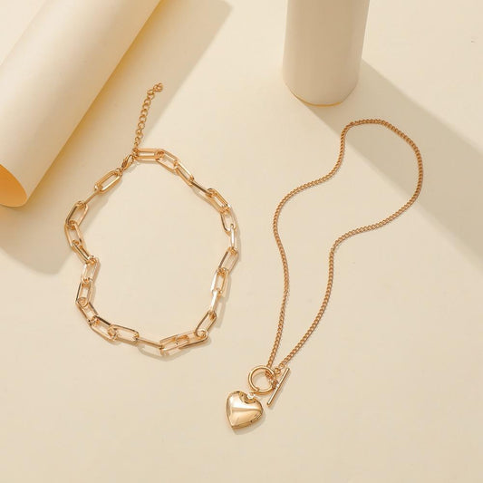 Jewelry ins personality heart-shaped pendant fashion metal exaggerated thick chain OT buckle multi-layer necklace