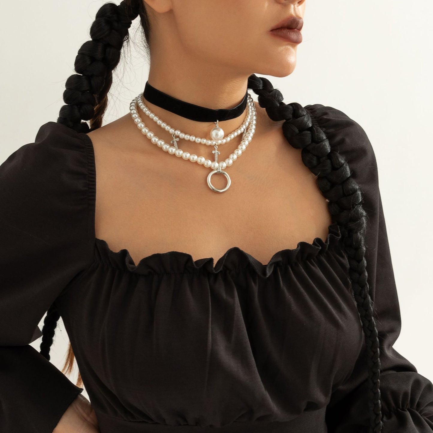 Jewelry Gothic geometric diamond dagger necklace sweet cool simple imitation pearl multi-layer necklace female