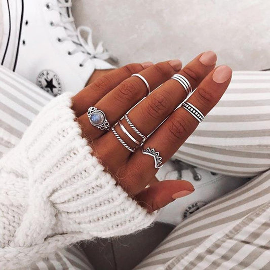Vintage Alloy Resin Accessories Multi-Piece Ring Ethnic Turquoise Knuckle Rings Women Accessories
