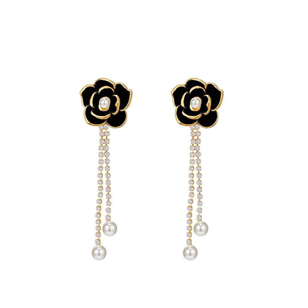 Retro Diamond Black Camellia Earrings Women's Fashion Personality Temperament Long Tassel Pearl Earrings