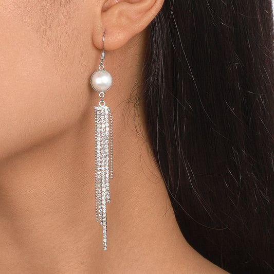 1593 Internet celebrity fashion niche tassel earrings pearl rhinestones sweet cool fairy air long design sense earrings