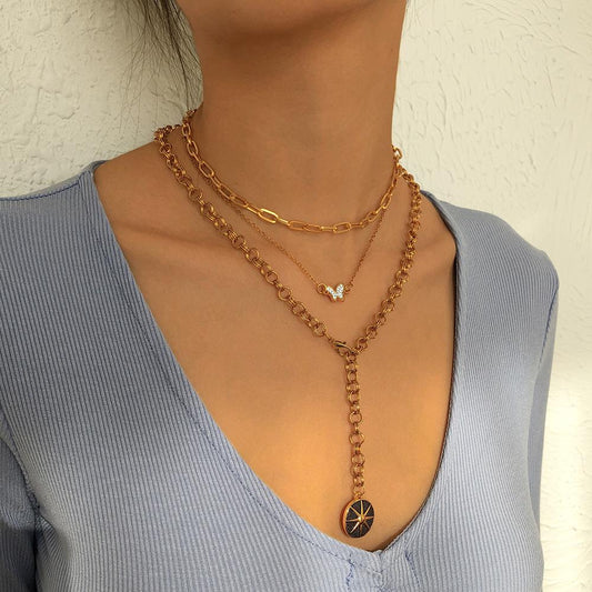 N8872 Multi-layered Necklace Octagram Butterfly Micro-inlaid Necklace Retro Exaggerated Chain Personality Necklace