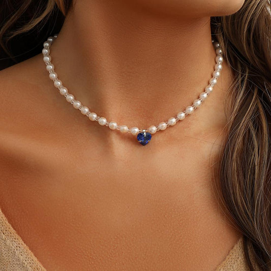 Simple Fashion Blue Love Pearl Crystal Short Clavicle Chain Necklace Versatile Temperament Personality Female Jewelry