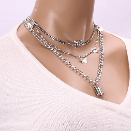 Retro Chain Padlock Butterfly Pendant Women's Creative Multi-element Fashion Fashion Necklace