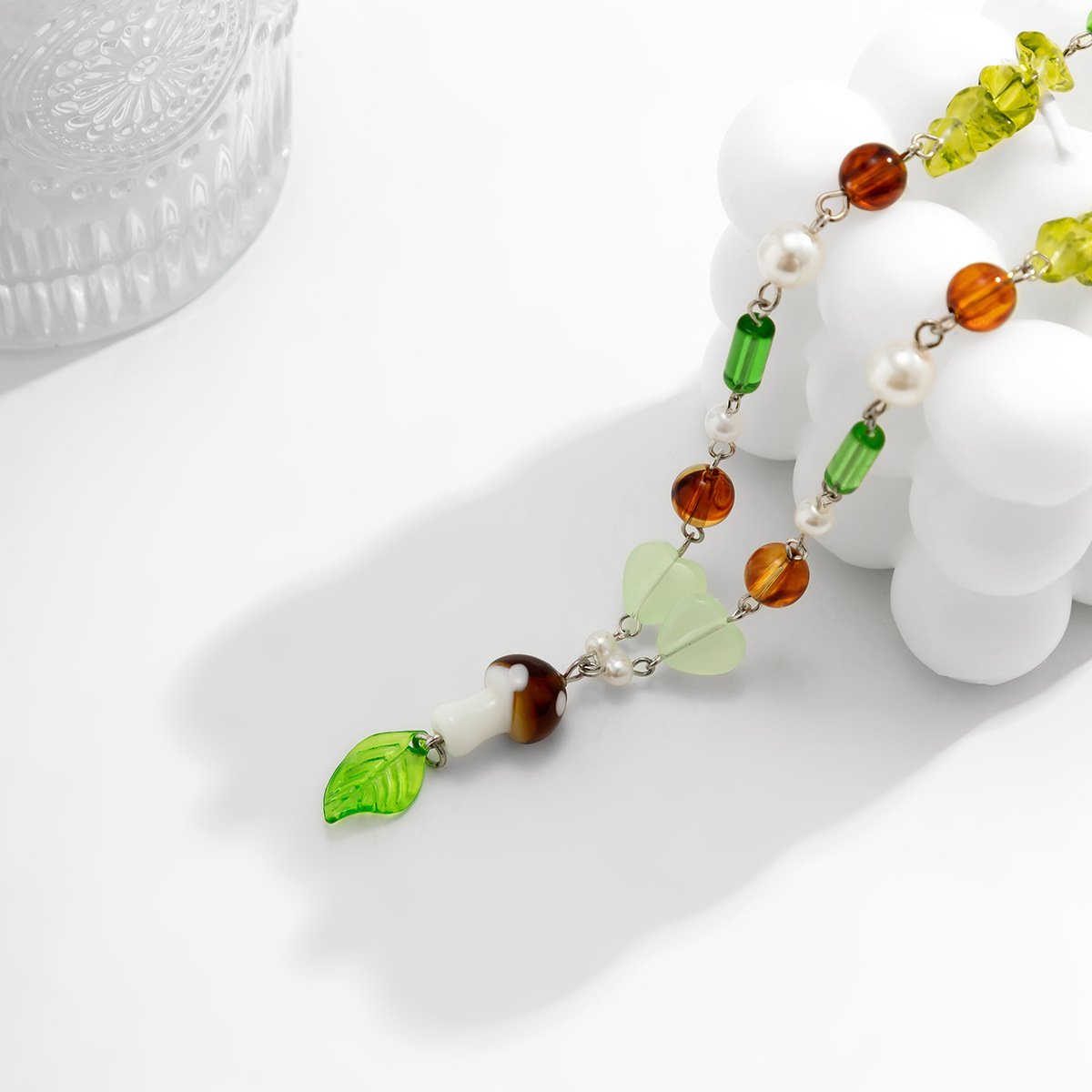Jewelry fashion ins mix and match mushroom leaf color necklace female simple imitation pearl glass necklace