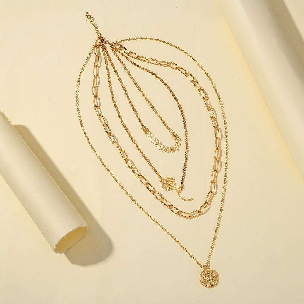Fashion Metal Wheat Spike Flower Three Layer Necklace Retro Coin Pendant Trend Chain Clavicle Necklace