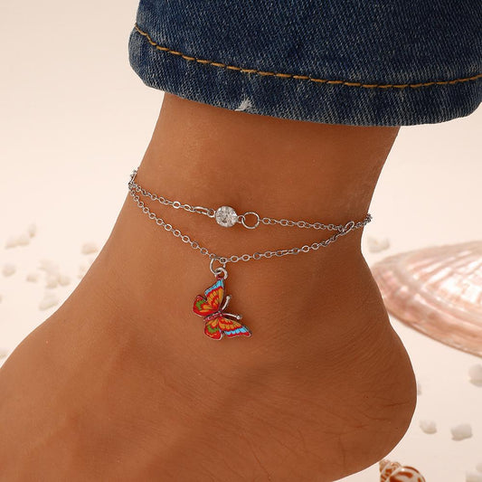 Ins dream dripping oil butterfly double-layer anklet female Bohemia butterfly pendant anklet beach foot jewelry