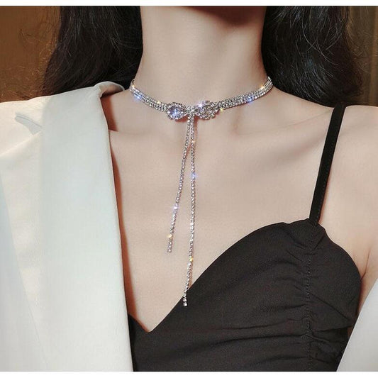 Niche bowknot diamond tassel necklace female collarbone chain personality necklace female cold accessories