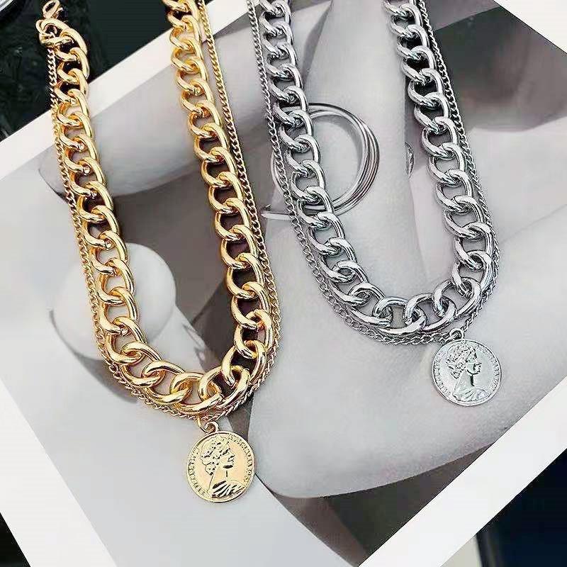 Thick chain necklace female ins trendy personality net red collarbone chain retro round card pendant two-piece necklace