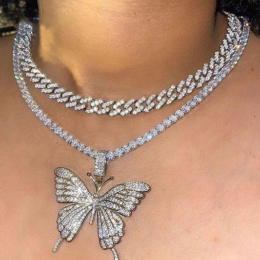 Cuban double-layer big butterfly necklace with exaggerated personality full of diamonds thick chain necklace ins net red accessories