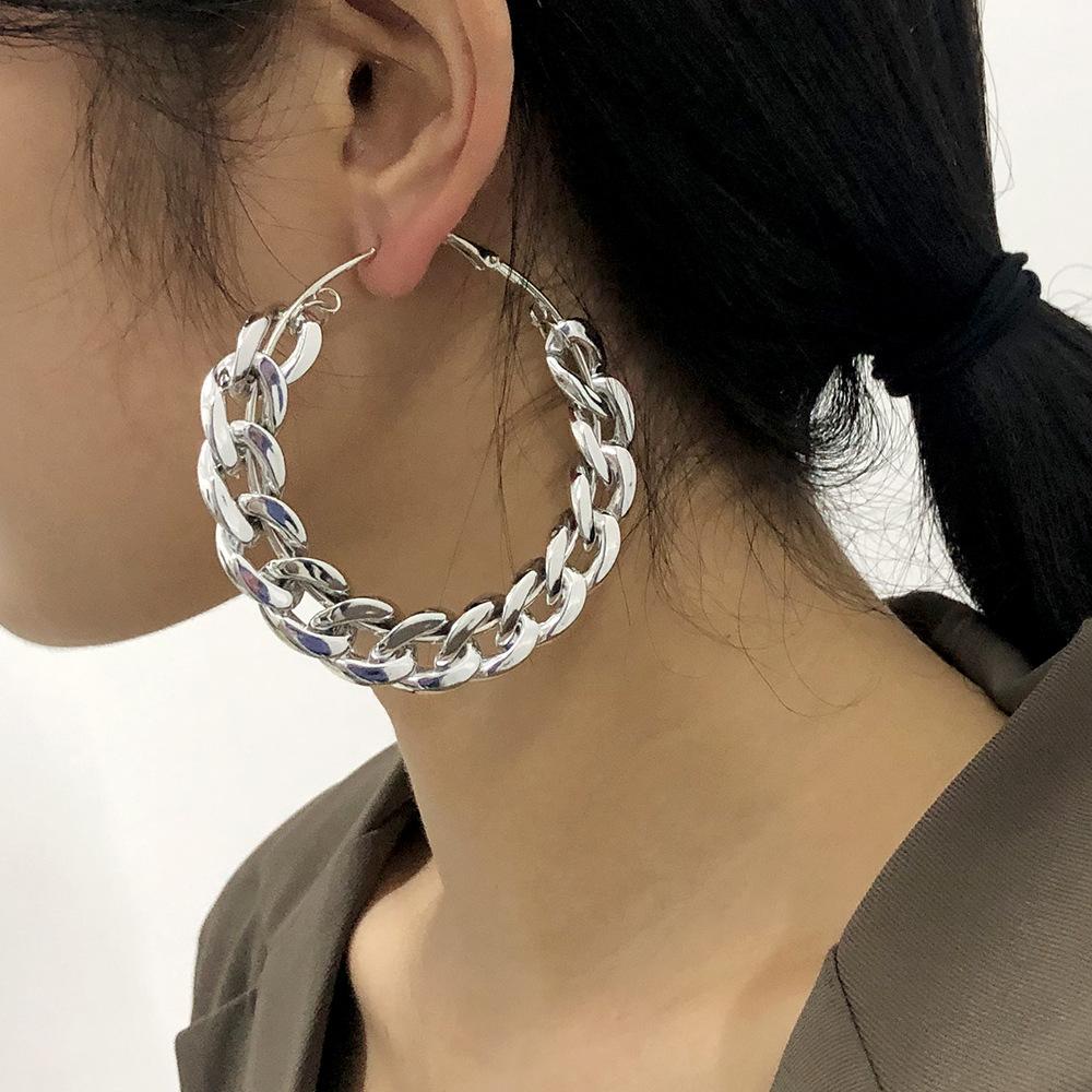 E8942 Exaggerated Creative Earrings Female Personality Punk Big Circle Earrings Thick Chain Earrings