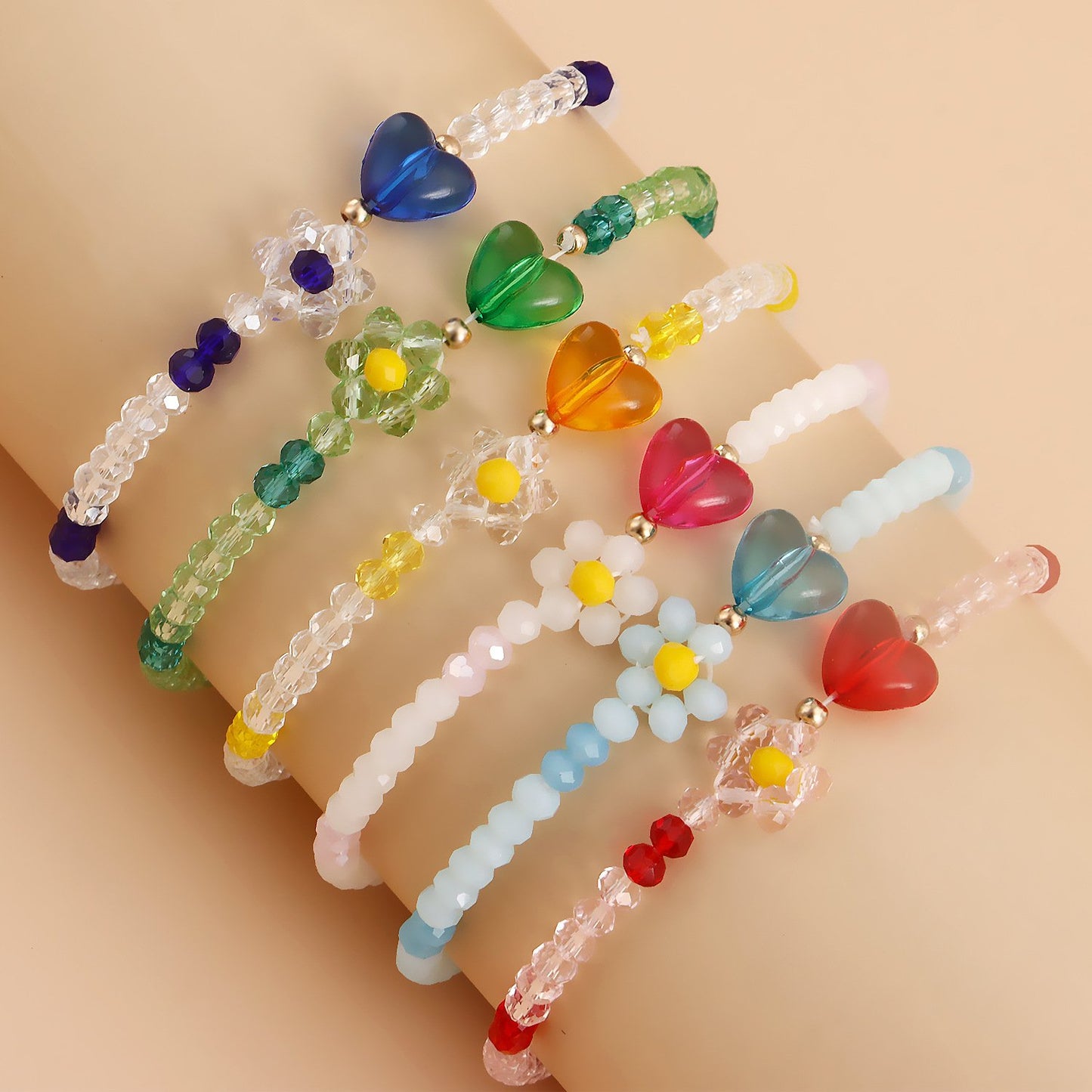 Jewelry Bohemian Color Crystal Heart Beaded Bracelet Women's Woven Crystal Flower Hand Decoration