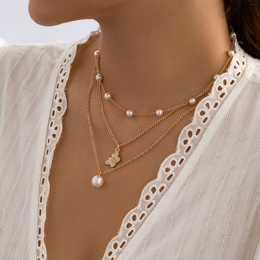 Jewelry Temperament Imitation Pearl Stacked Versatile Retro Necklace Niche Simple Diamond Butterfly Necklace