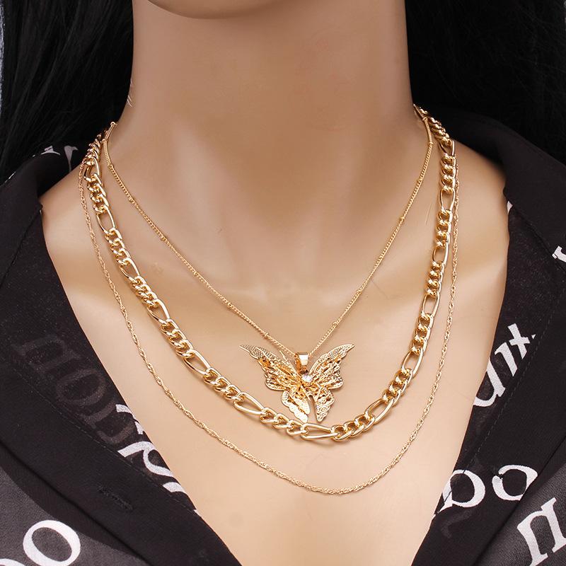 Fashion all-match necklace trend personality multi-layer chain with diamond big butterfly pendant necklace neck chain