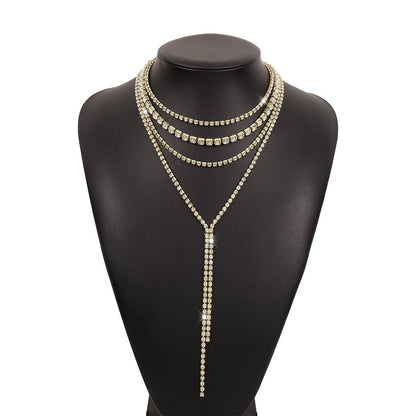 N1325 exaggerated niche fashion rhinestone necklace multi-layer light luxury tassel necklace dinner party back jewelry