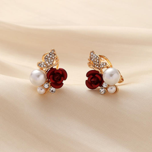 French Temperament Palace Ladies Rose Pearl Earrings Popular Fashion Camellia Flower Ornaments