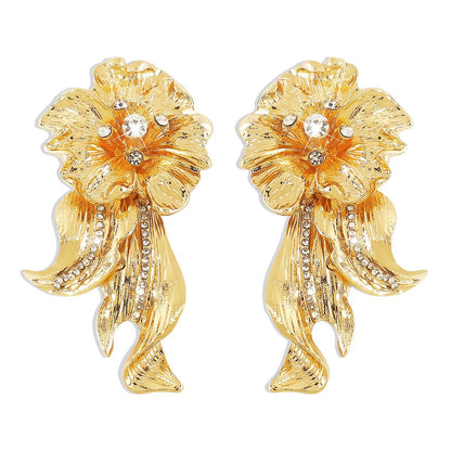 1614 Exaggerated Personality ZA Earrings Simple Metal Flower Rhinestone Earrings Niche Design Earrings