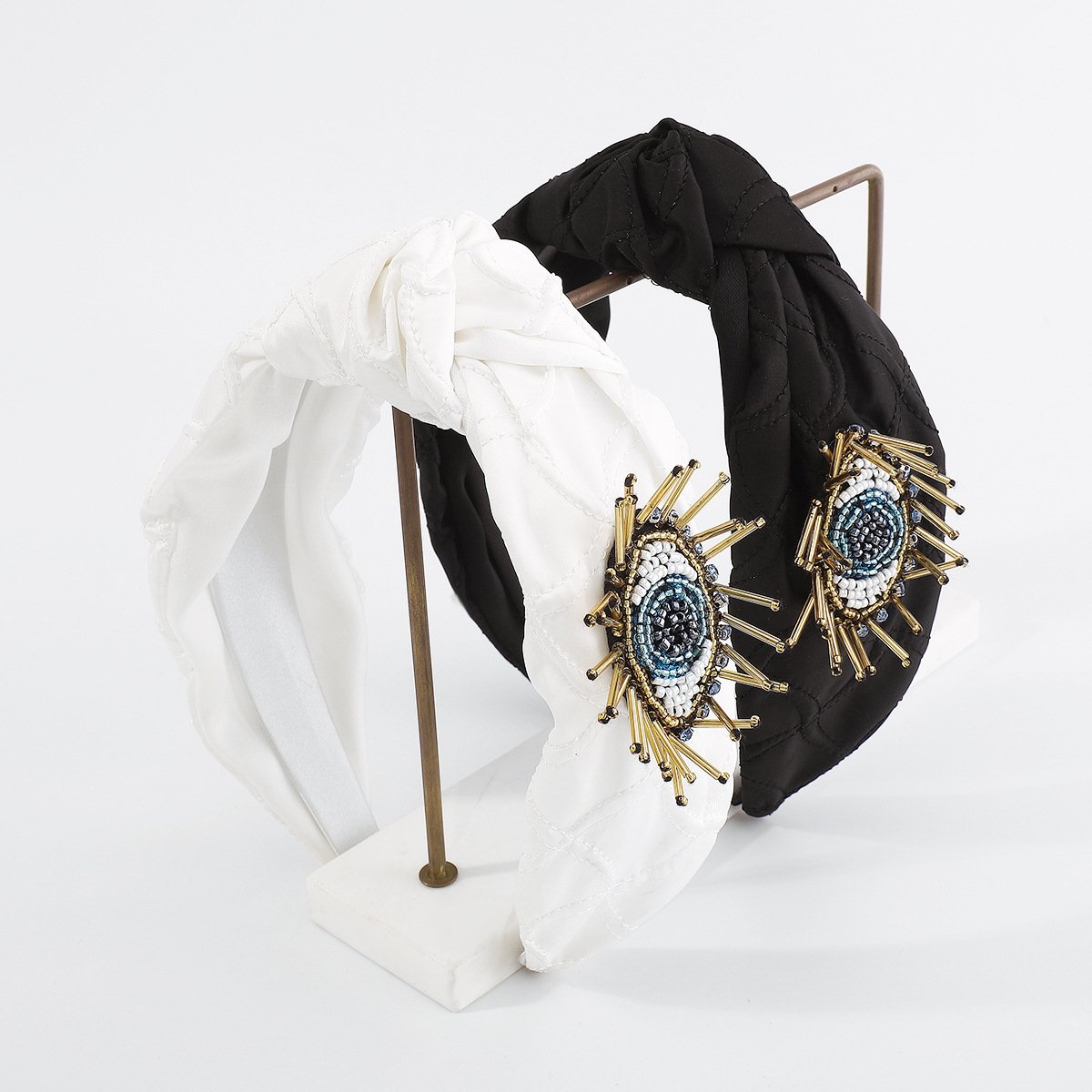 F4885 Exaggerated Creative Knotted Fabric Headband Rice Beads Contrasting Color Eyes Personality Micro-inlaid Plaid Headband Female