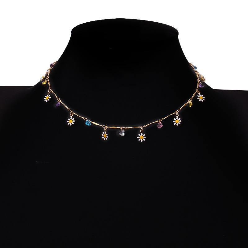 Jewelry Colorful Gem Straight Tube Chain Necklace Female Simple Temperament Painted Drop Glaze Flower Necklace
