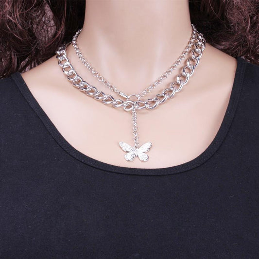 Fashion double thick chain necklace ins retro metal butterfly exaggerated personality chain hip-hop necklace