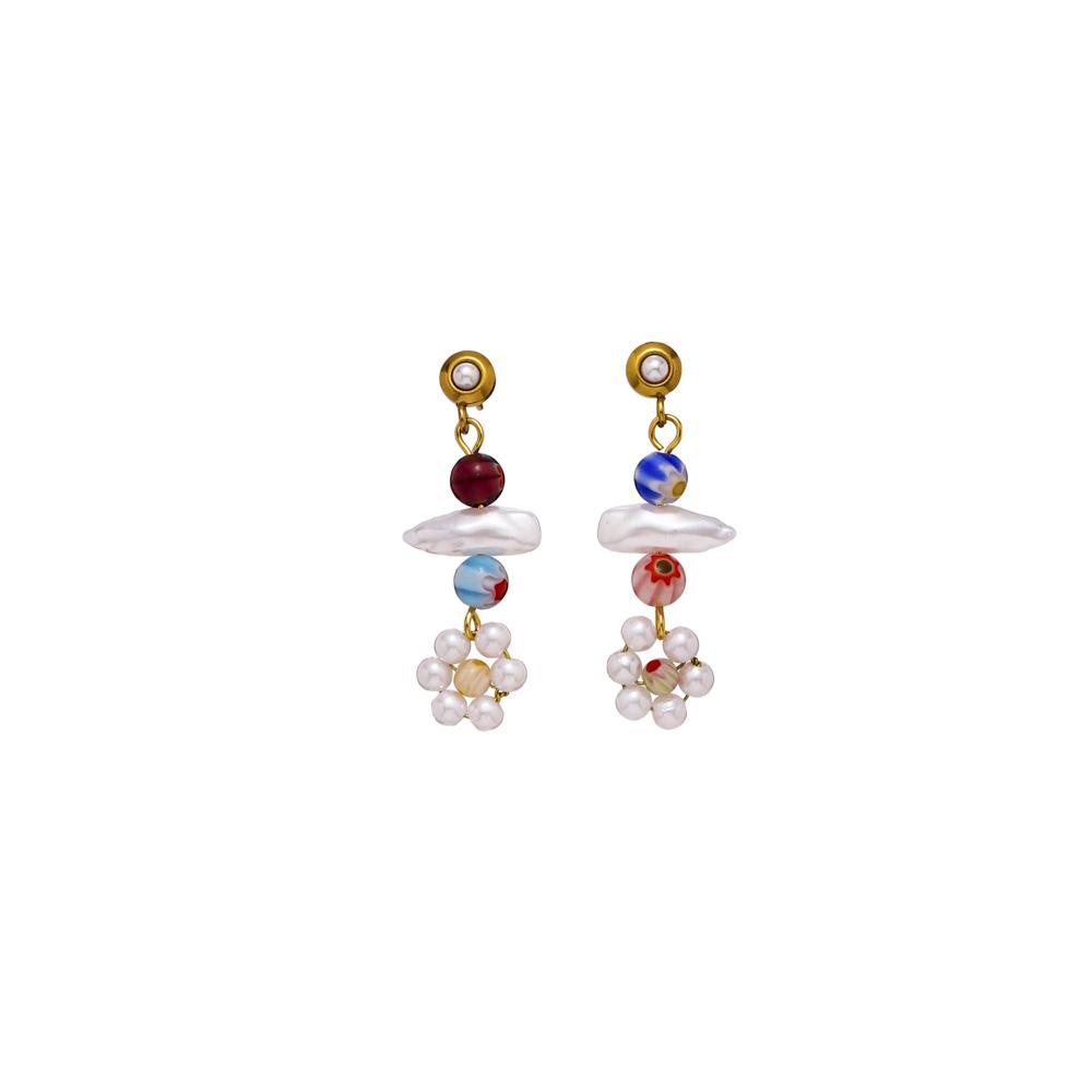 Ethnic Fashion Personality Stainless Steel Baroque Small Flower Earrings Titanium Steel Temperament Beaded Pearl Earrings Jewelry Women