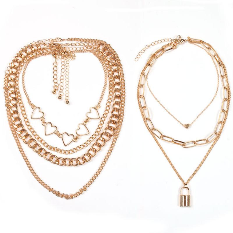 Jewelry Hip Hop Punk Chain Multilayer Necklace Female Simple Versatile Peach Heart Set Necklace