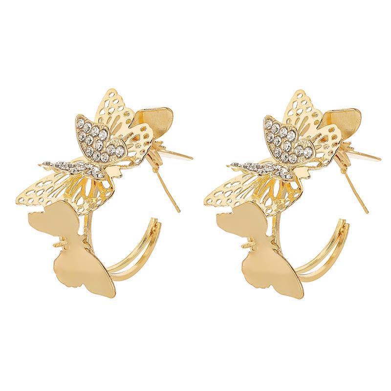 Girls ins jewelry exaggerated metal diamond butterfly C-shaped earrings