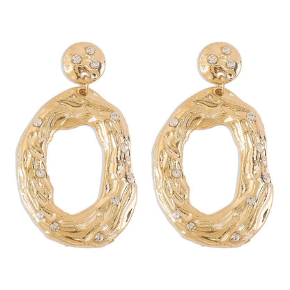 E1814 Retro Irregular Textured Earrings Female Baroque Micro-inlaid Rhinestone Metal Pop Earrings
