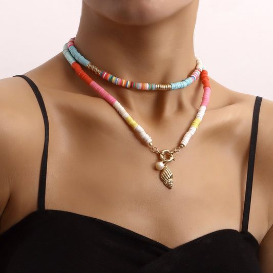 Jewelry double-layer colored soft pottery pearl scallop pendant necklace female ocean style trendy money jewelry