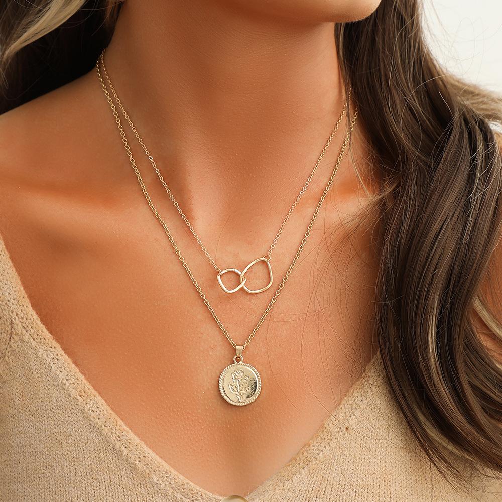 Trendy fashion simple ladies design double rose coin irregular circle necklace