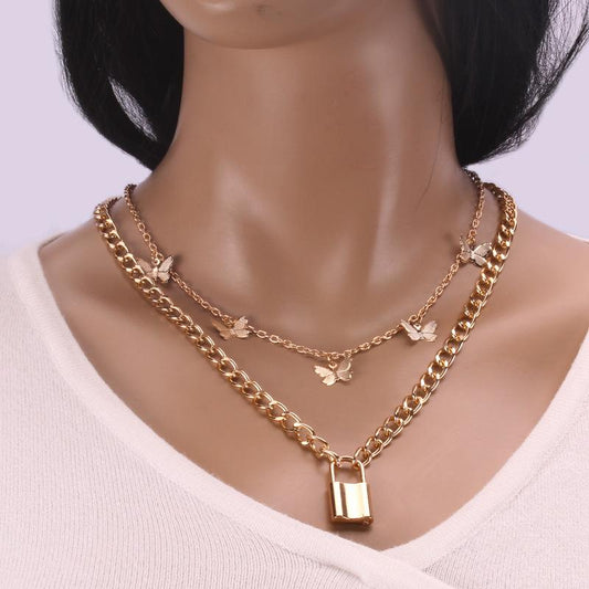 Fashion simple personality butterfly clavicle chain necklace hip-hop punk thick chain lock necklace female