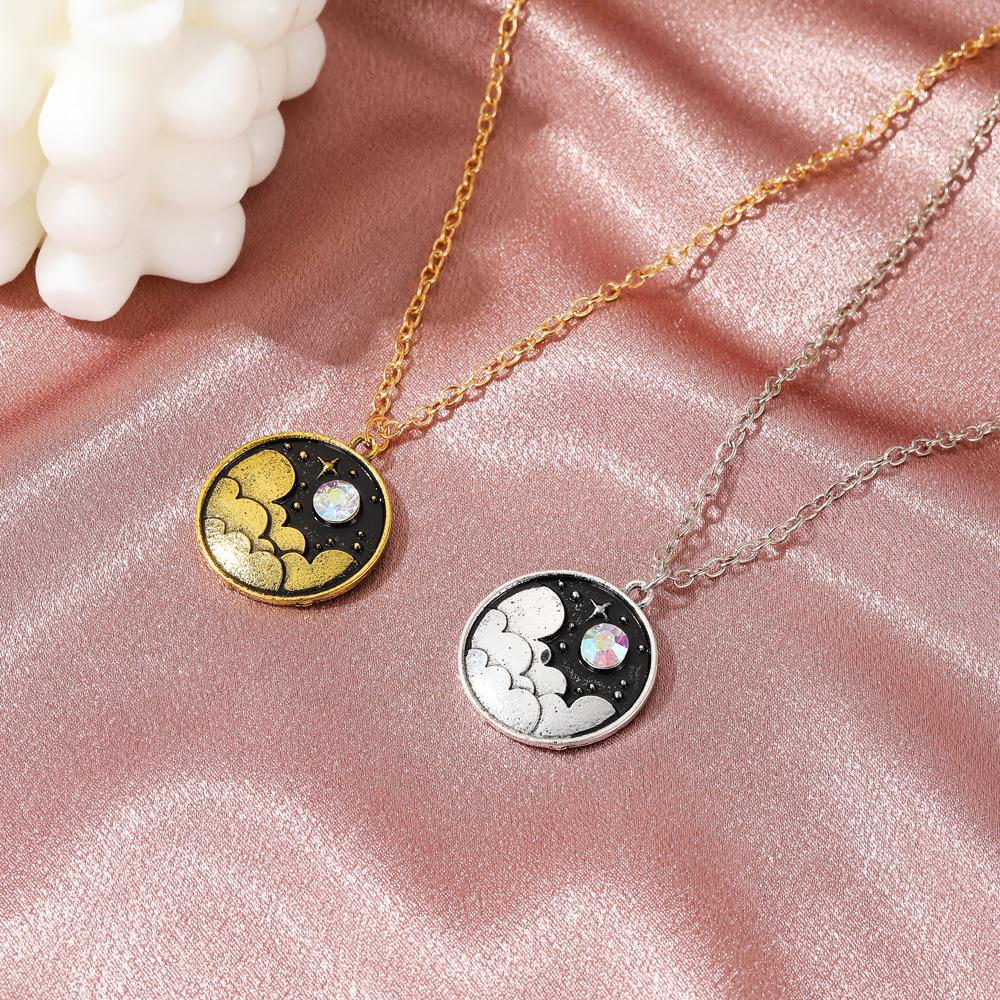 Creative Color Night Sky Necklace Retro Literary Moon Clouds Year-old Clavicle Chain Personality Cartoon Geometric Round Pendant