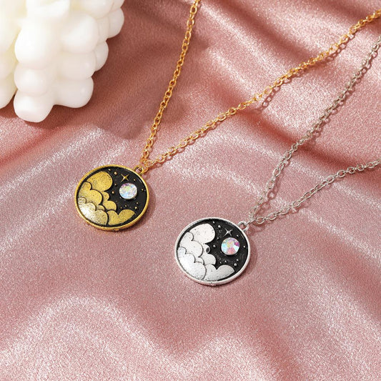 Creative Color Night Sky Necklace Retro Literary Moon Clouds Year-old Clavicle Chain Personality Cartoon Geometric Round Pendant