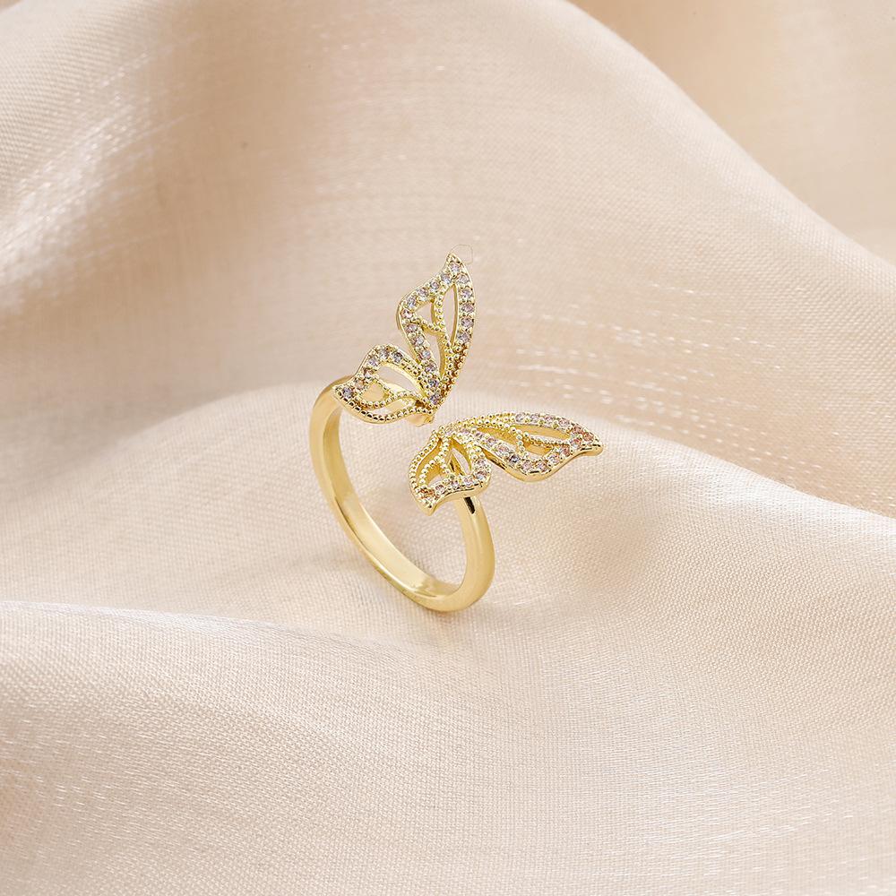 Fashion and simple big butterfly full of diamonds opening copper micro-inlaid zircon ring creative super fairy all-match ladies ring