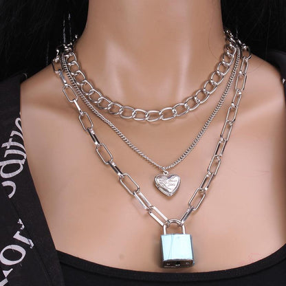 Personalized multi-layer peach heart padlock jewelry thick chain hip-hop punk key lock necklace