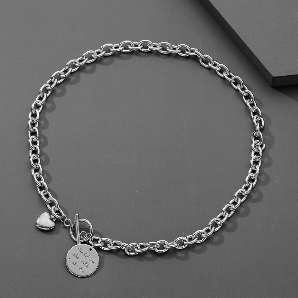 Titanium steel round card love pendant ins cold fashion OT lock necklace peach heart letter round coin clavicle chain