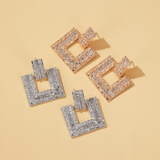 Ins diamond-studded square earrings exaggerated flash diamond geometric earrings retro temperament metal long earrings for women