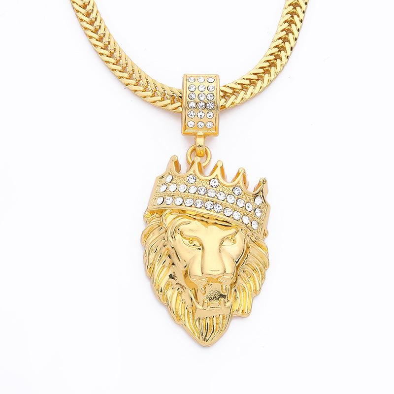 Diamond crown lion head hip hop necklace men's unisex gold-plated hiphop pendant X791